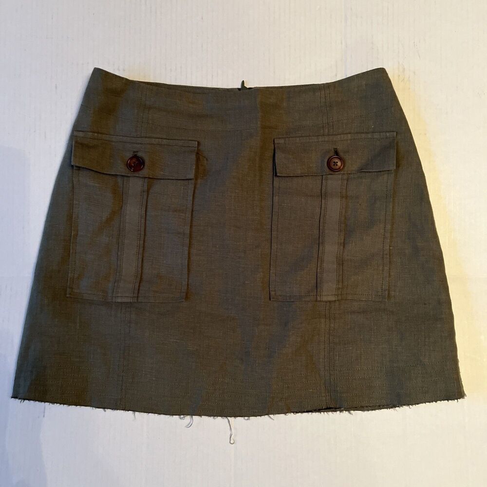 Venroy Size M Green Khaki Mini Skirt Australia 100% Linen Pockets EUC